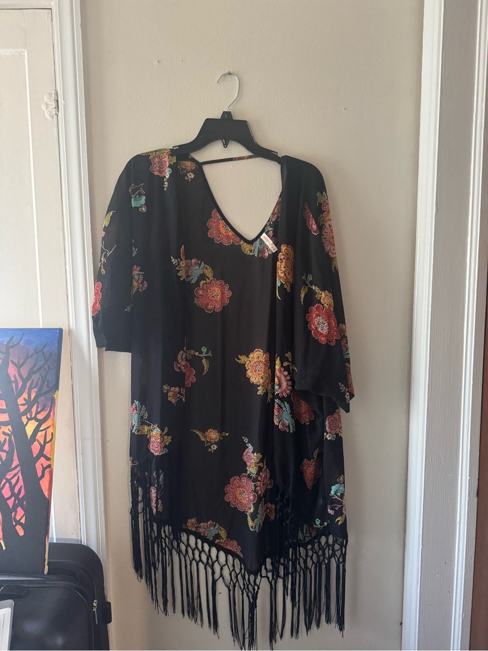 Black Floral Fringe Kimono Cover-Up